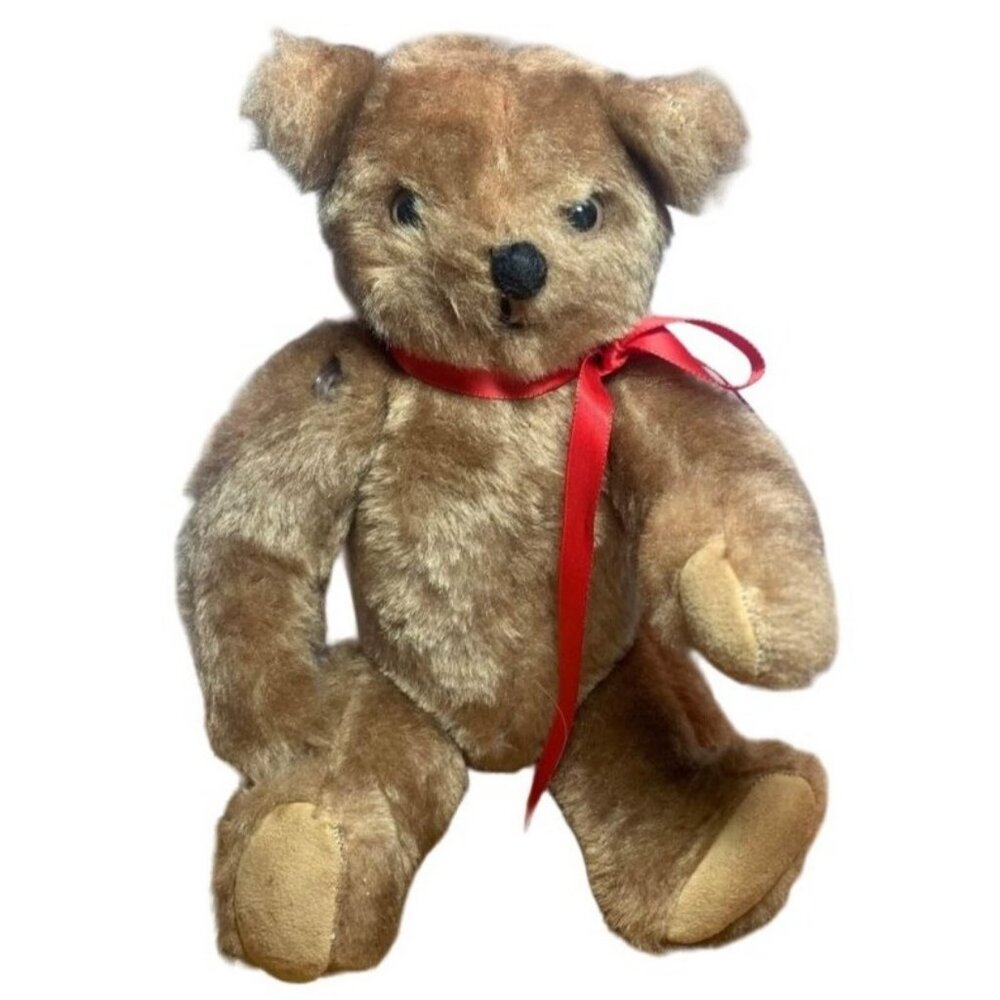 Vintage 12" Brown Jointed Teddy Bear Red Ribbon Plush Toy